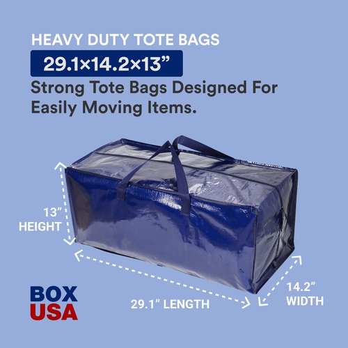 BOX USA 6 Pack Extra Large Blue Moving Bags with Handles & Zippers | Heavy Duty Storage Totes, Packing, Dorm Room Essentials & College Space Saving