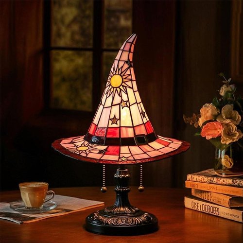 Witch Hat Lamp,Handcrafted Stained Gothic Wizard Hat Lights,Small Wizard Spooky Fun,Mystical Witch Table Lamp for Indoor Party Home Dector (Pink, 11.8 in)