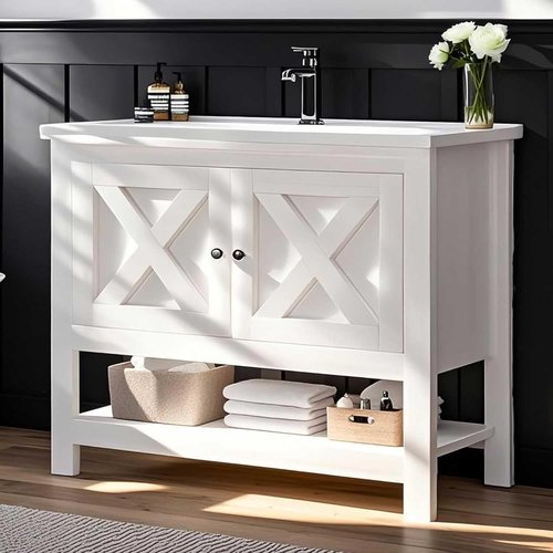4ever2buy Farmhouse Bathroom Vanity with Sink, 35 Inch Bathroom Vanity Cabinet, Freestanding Vanity, 2 Doors and Open Shelf, Bathroom Cabinet with Ceramic Sink, White