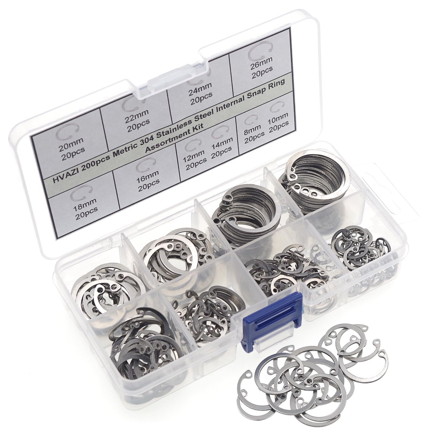 HVAZI 200pcs Metric 304 Stainless Steel Internal Snap Ring Assortment Kit 10 Kinds