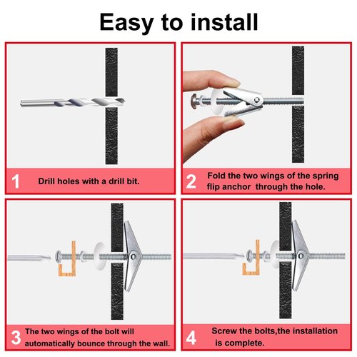 Bemaka 192Pcs 1/8 Inch Toggle Bolts, Heavy Duty Drywall Anchors and Screws Kit, Butterfly Anchors Toggle Bolts and Wing Nut Kit with Nuts Washers for Hollow Wall, Ceiling (48 Sets)