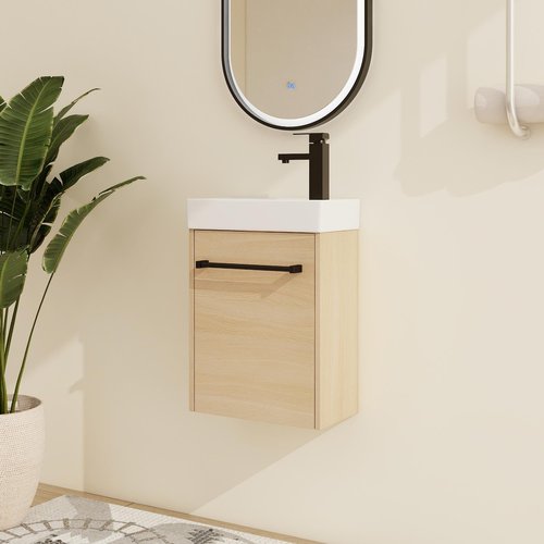 16" Floating Bathroom Vanity with Sink, 16 inch Modern Brown Wall Mounted Bathroom Cabinet Combo for Small Space, Narrow Bath Wall-Hung Vanity Set with 1 Ceramic Basin and 1 Door(16cx)