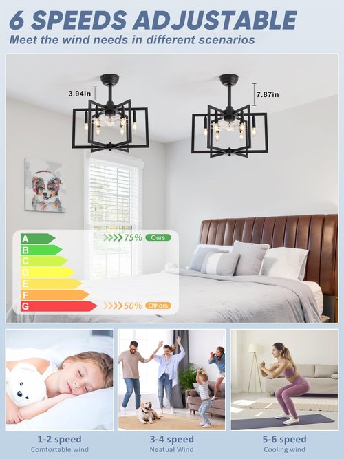 DDLLDESHI Black Chandelier fan Farmhouse Ceiling Fan with Light and Remote Modern fandelier ceiling fan with light for Bedroom,Kitchen,living room,foyer(6 Speed, Timing Adjustable Height)