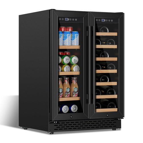24 Inch Wine and Beverage Refrigerator Under Counter, Dual Zone Black Beverage Fridge with Glass Door&Lock,20 Bottles & 88 Cans Wine and Beverage Cooler, Freestanding Mini Fridge for Bedroom Home
