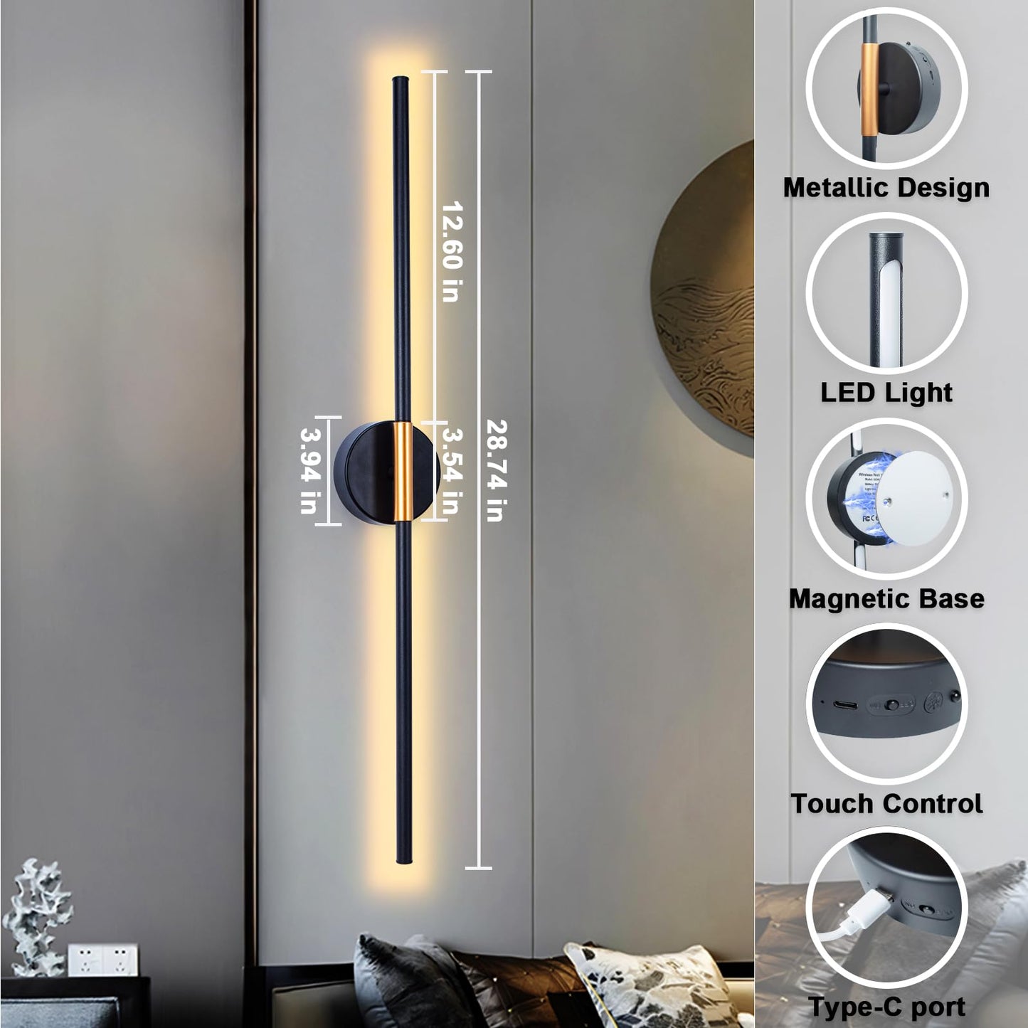 Wireless Wall Sconces Set of 2, Battery Operated Wall Sconce with Remote Dimmable 28.7 Inch 5000mAh Rechargeable 360°Rotate Bedroom Lights For Wall Lamps Decor for Living Room, Hallway-Warm White