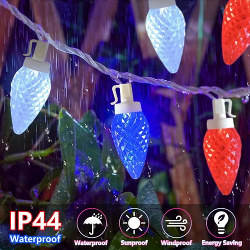 Fonusty Red White and Blue Lights 25Ft C9 Strawberry Christmas Lights 25 LED Bulb 4th of July Light Plug in Patriotic Light for Indoor Outdoor Patio Home Independence Day Memorial Day Christmas Decor