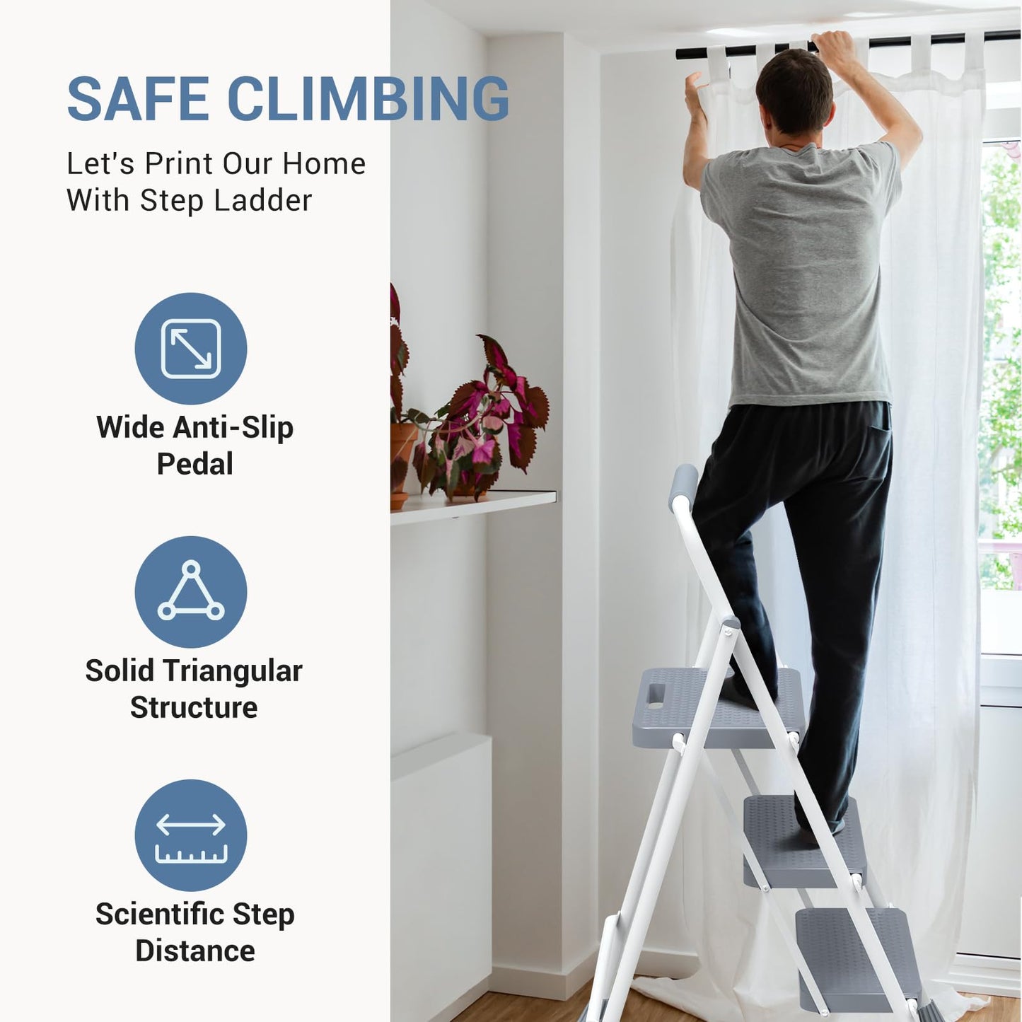 DUMOS Step Ladder, 3 Sturdy Step Stool with Anti-Slip Pedal & Comfortable Handrail, Portable Heavy Duty Stool for Kitchen, Garage & Outdoor Use, 800lbs, Pale Grey