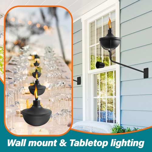 FAN-Torches Wall Mounted Citronella Torches Set of 6, 24 oz Garden Torches for Outside, Refillable Flame Light Torch, Outdoor Metal Torch for Yard, Patio, Deck, Garden, Party, Landscape