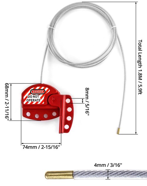 QWORK Lockout Tagout Cable Lock, 8 Pack Adjustable Steel Vinyl Coated Cable Lockout, 3/16" Diameter, 5.9' Length, Red