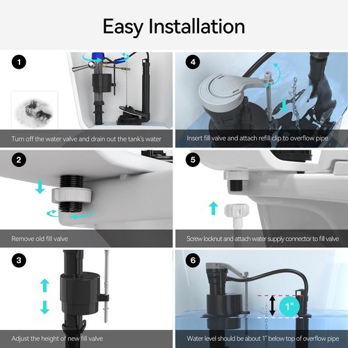 R&T Toilet Fill Valve A1320, Toilet Repair Kit Inside Tank, Universal Toilet Replacement Kit, Quiet and Fast Fill Water, Height Adjustable, Easy to Install