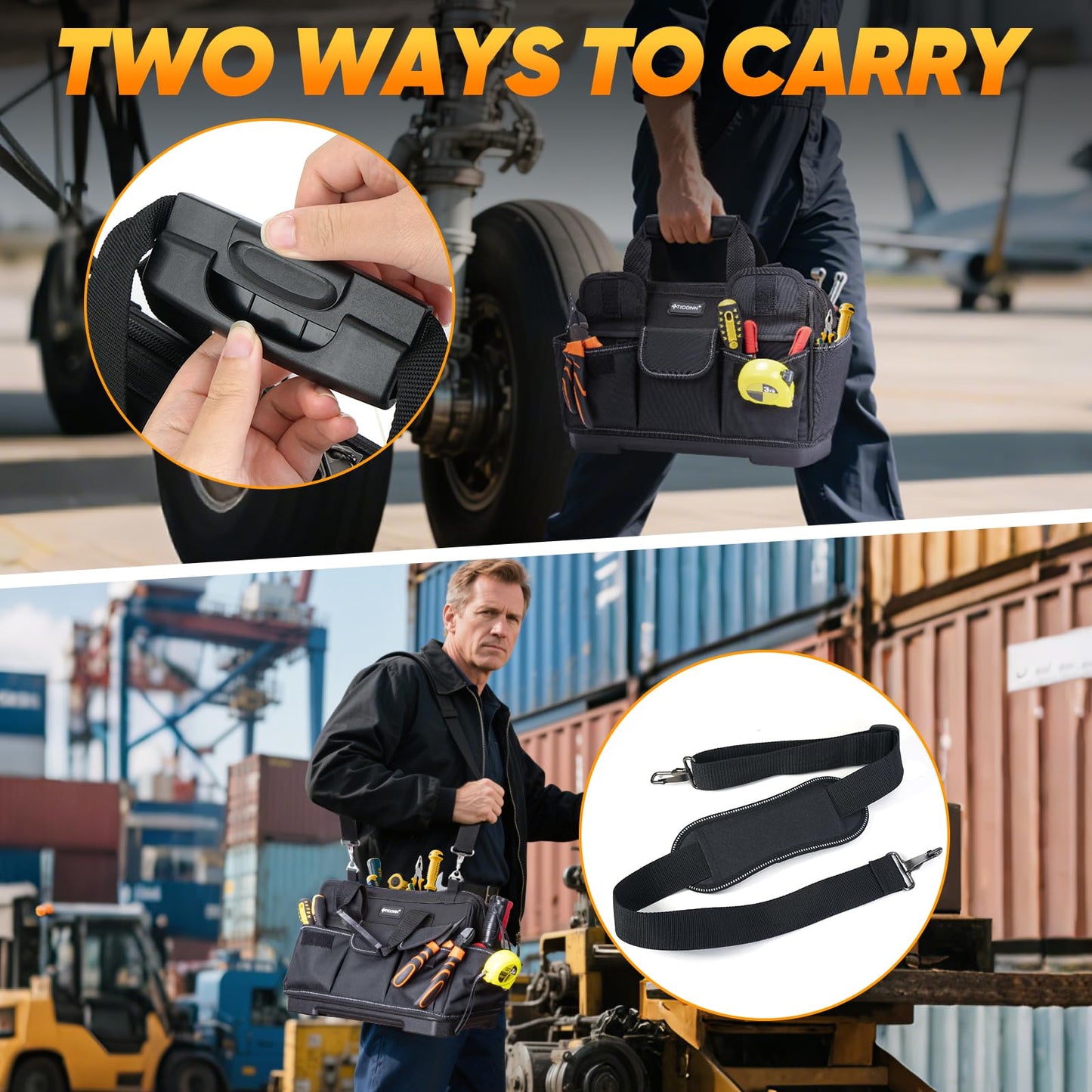 TICONN Heavy Duty Tool Bag with Multi-Pockets, Portable Tool Box Organizer Storage Bag, with Adjustable Shoulder Strap and Ergonomic Handle (Black, 16" Molded Base)