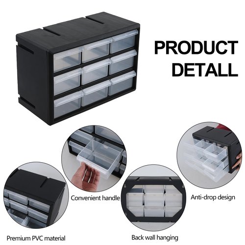 Leendines Hardware and Craft Drawer Cabinet, 9 Drawer Plastic Parts Storage Cabinet, Black