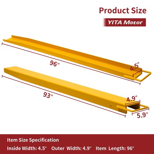 YITAMOTOR 96 Inch Forklift Extensions for 4.5 Inch Width Forklift Truck, Heavy Duty Steel Fork Extender Reach, 1 Pair Pallet Fork Extension