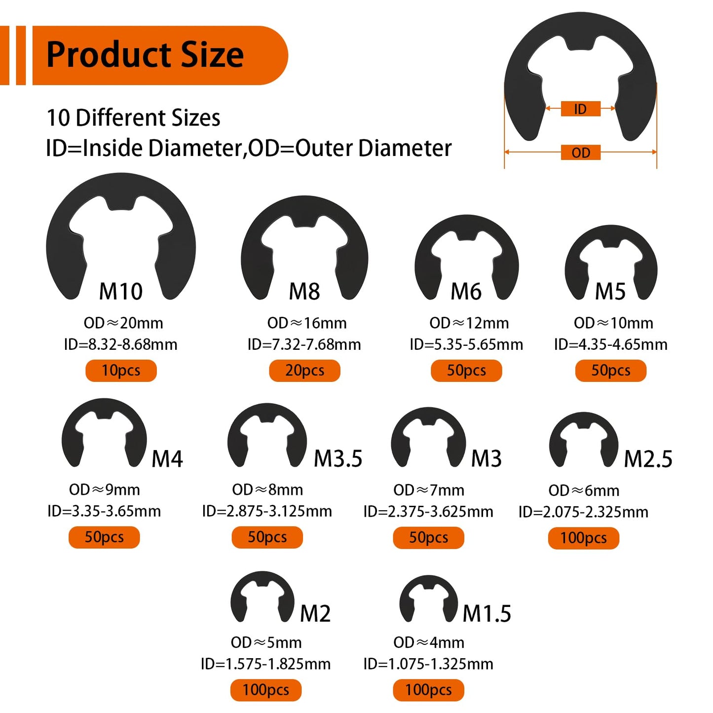 580PCS Black Alloy Steel E-Clip Assortment Kit, E-Clip Assortment Set Include 10 Sizes, Retaining Rings for Bearings, Gears, Pulleys, Axles (M1.5-M10)