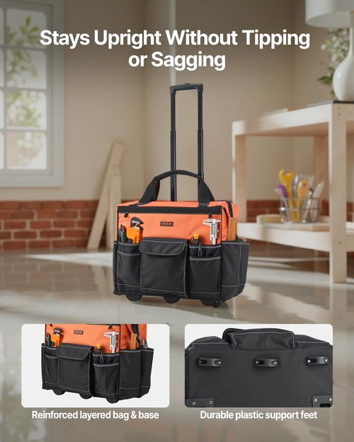 VEVOR 20" Rolling Tool Bag, 110 lbs Load Capacity, 27 Pockets Heavy Duty Roller Tool Bag on Wheels, Adjustable Telescoping Handle & Stable Base, Toolbag Organizers w/Wheels for Construction, Mechanic