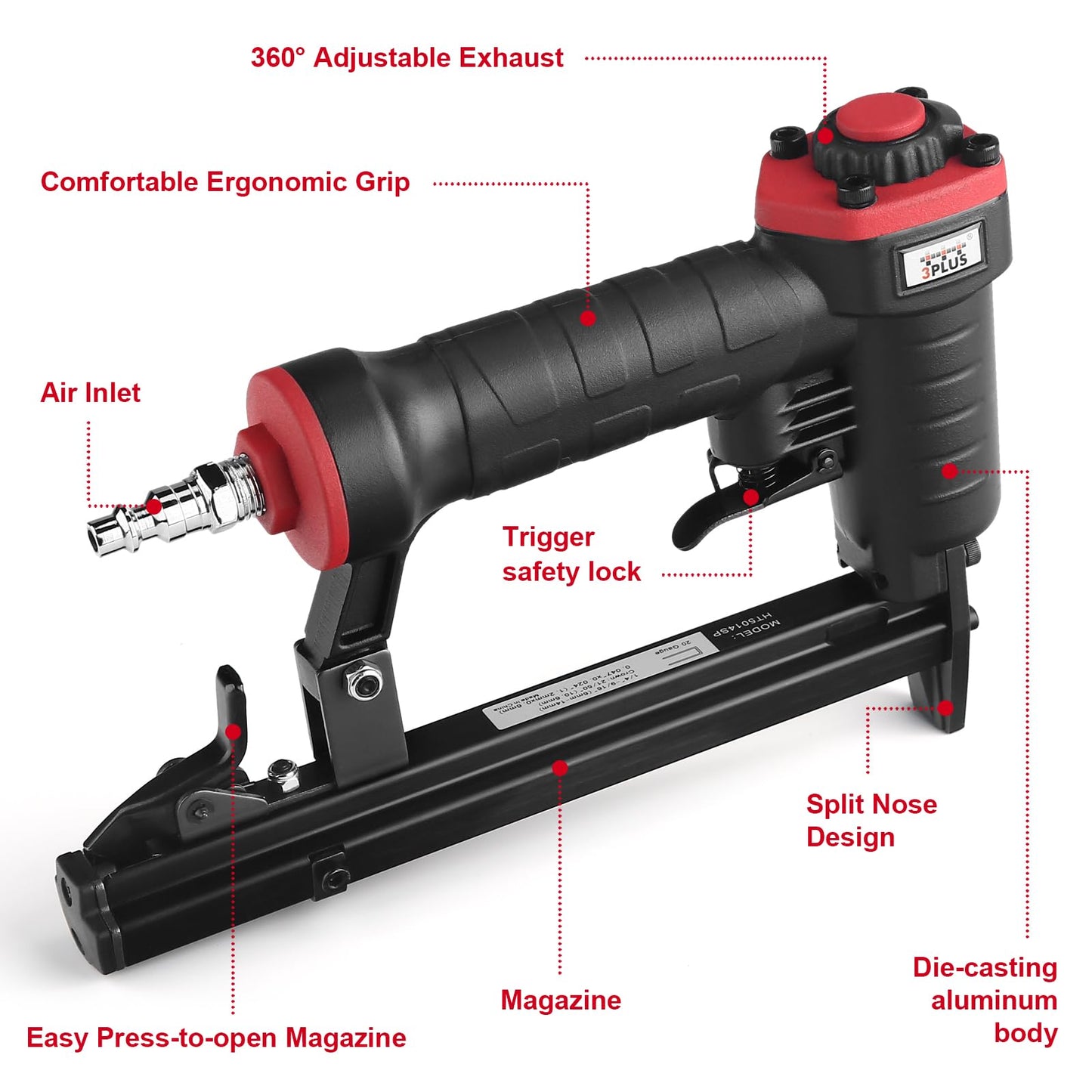 3PLUS HT5014SP Pneumatic 20 Gauge Stapler, T50 Upholstery Stapler, 1/4-Inch to 9/16-Inch