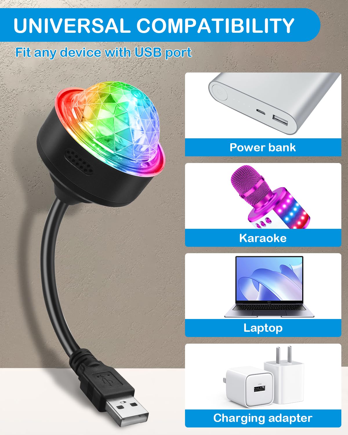 Luditek Mini Disco Ball Light with Flexible USB Extender, Sound Activated Strobe Party Lights for Karaoke Car, Stocking Stuffers Birthday Decorations for Halloween Christmas (3 Packs)