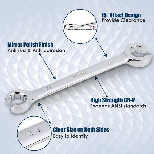 YIYEIE 11-Piece Flare Nut Wrench Set, Metric & SAE, 12-Point Line Wrench Set for Brake, Fuel and Tubing, CR-V Steel, 8mm-19mm & 1/4"-7/8"