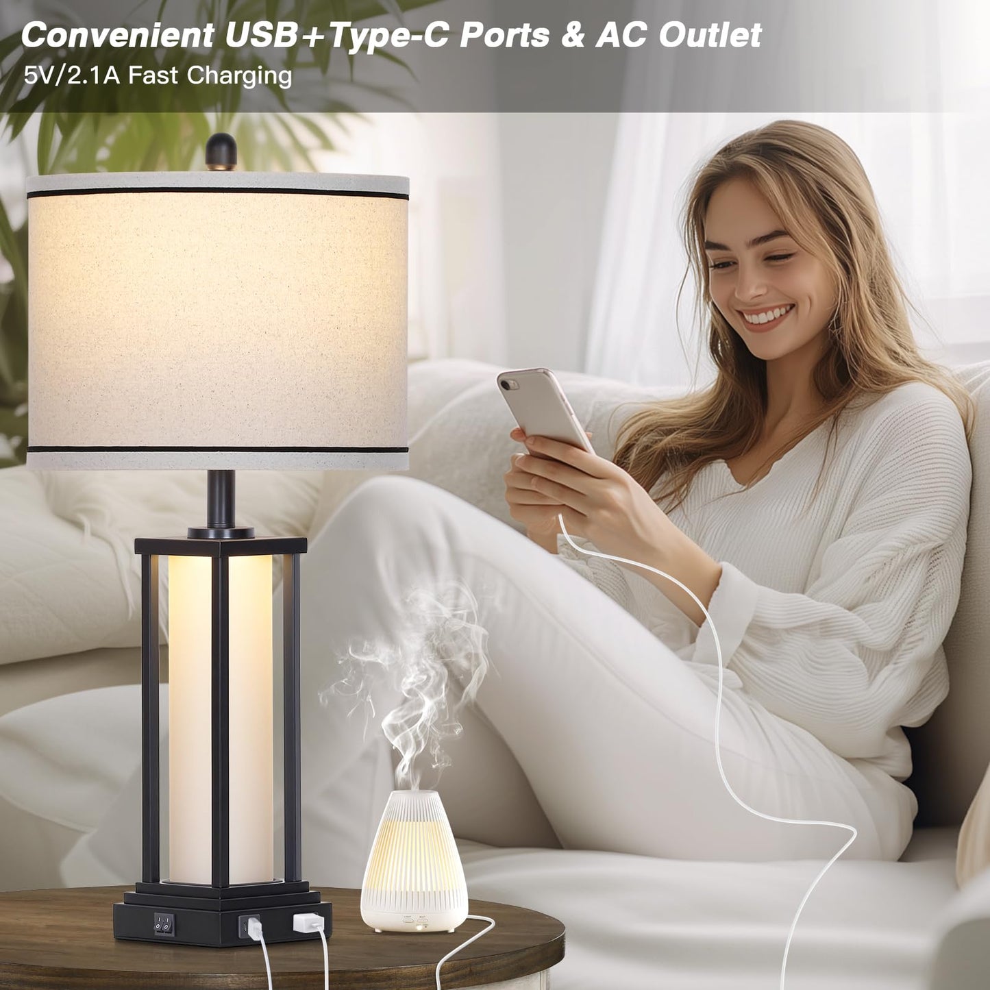 Cinkeda 27" Tall Vintage Table Lamp with USB C+A & Outlet,Black Industrial End Table Lamp for Living Room,Farmhouse Rustic Bedside Lamp with Frosted Glass Night Light for Bedroom Nightstand,Black-1P