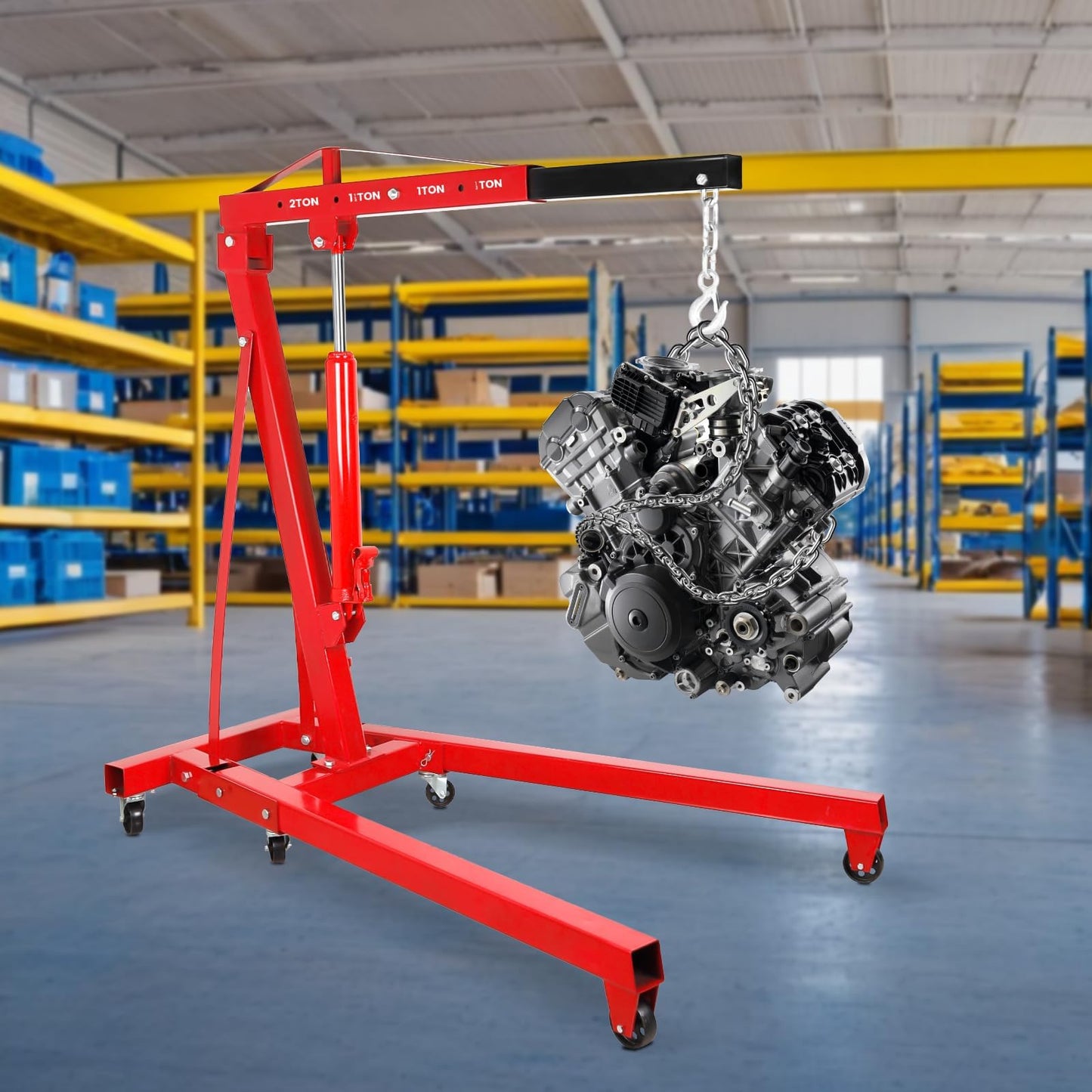 Engine Hoist Cherry Picker with Leveler, 2-Ton Folding Hydraulic Workshop Crane Lift with 6 Swivel Wheels and Telescopic Boom, 4400 Lbs Capacity Heavy-Duty Crane for Garage, Automotive Repair (Red)