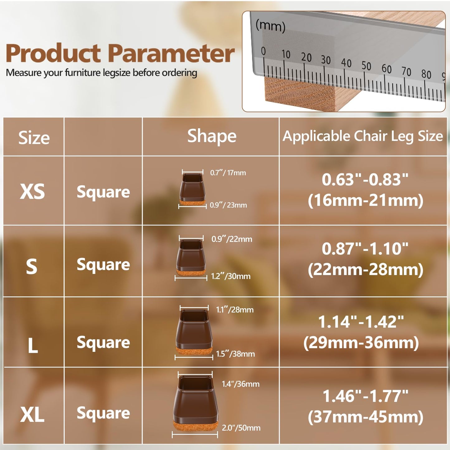 28Pcs Square Chair Leg Floor Protectors with Wrapped Felt Bottom, Silicone Chair Leg Protectors for Hardwood Floors, Chair Legs Cover Prevents Scratches & Reduce Noise (Brown L Fit 1.14"-1.42")