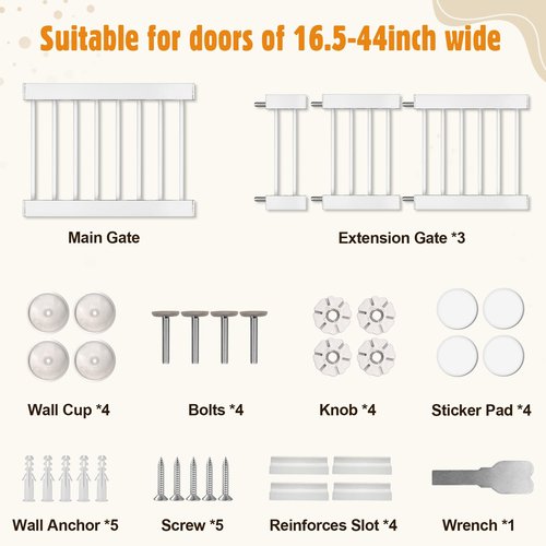 Metal Short Dog Gate - 16.5"-44" Adjustable Extra Wide, 14" Tall Pressure Mount Indoor Pet Gate, Easily Step Over Dog Gates with 3 Extension Kits, Small Puppy Gate for Doorways & Stairs