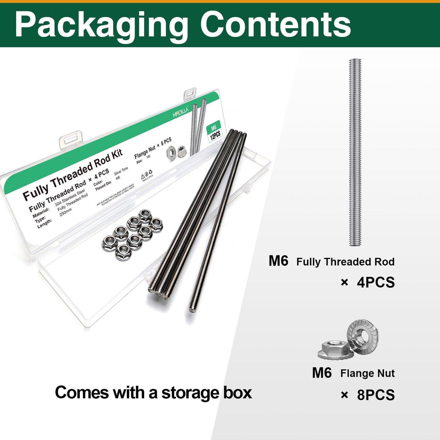 M6-1.0x250mm Fully Threaded Rod Studs, 304 Stainless Steel Long Threaded Screw Right Hand Threads, 4 Pack