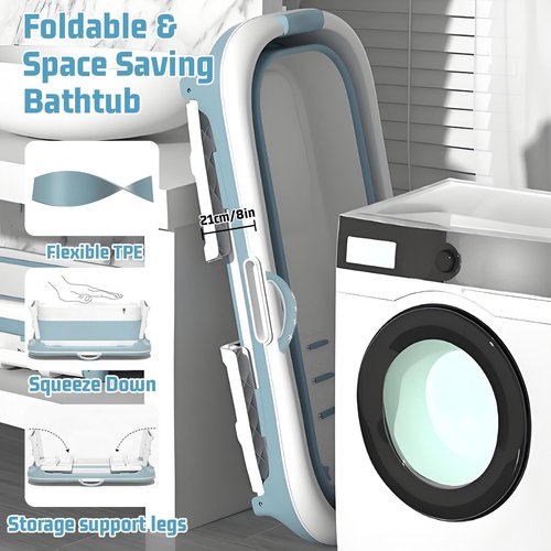 Portable Bathtub with Thermometer,59 Inch Foldable Bathtub for Adults,Soaking Bath Tub with Removable Cushion,Non-Slip Carpet and Cover,Collapsible Tub for Hot Bath, Ice Bath (Blue, 59IN)