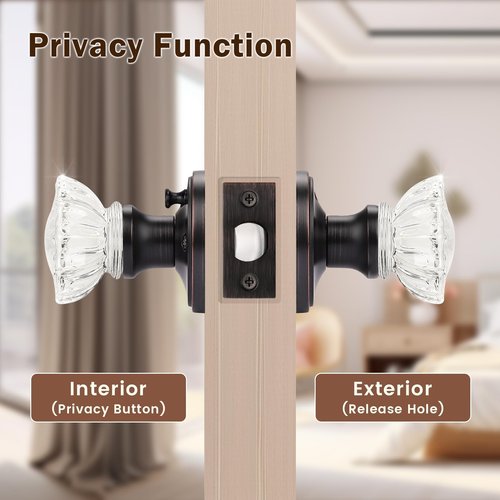 KNOBWELL Glass Door Knobs in Oil Rubbed Bronze Finish, Interior Crystal Door Knob for Bedroom Bathroom, Keyless Privacy Door Knob with Lock, 1 Pack