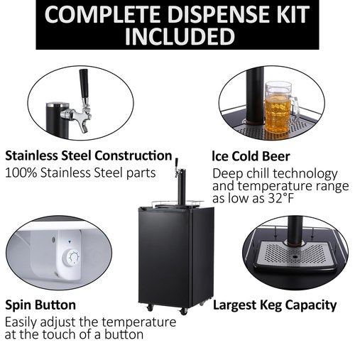 3.4 Cf Beer Kegerator, Single Tap Draft Beer Dispenser, Full Size Stainless Steel Keg Refrigerator With Drip Tray, CO2 Cylinder, 32°F- 50°F Temperature Control, 97L