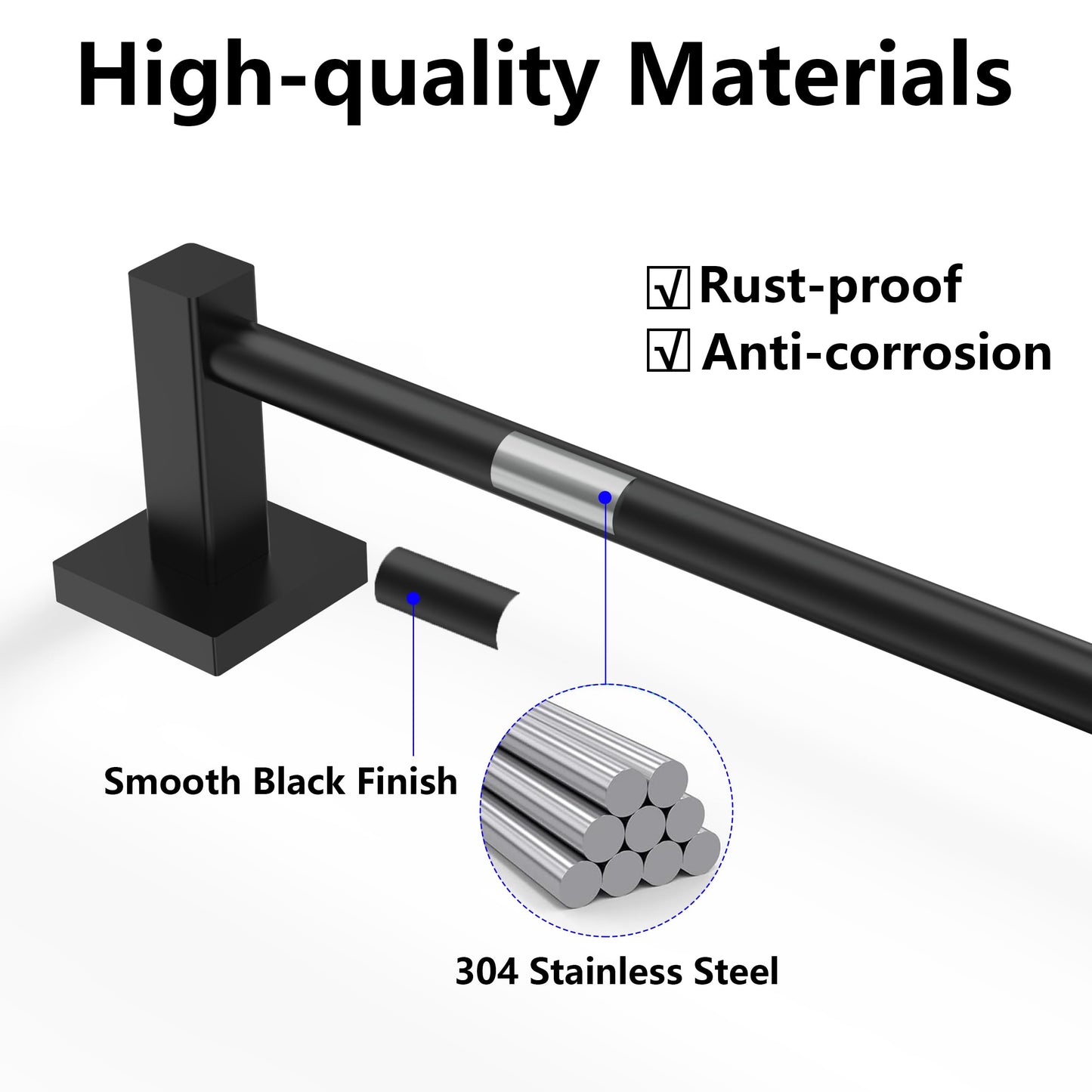 Miroamz Adjustable Towel Bar, 14.4inch - 25.2inch Towel Rack, Wall Mounted for Bathroom, Kitchen Hand Towel Holder Cloths Hanger SUS 304 Stainless Steel Organizer Single Bar (Matte Black)