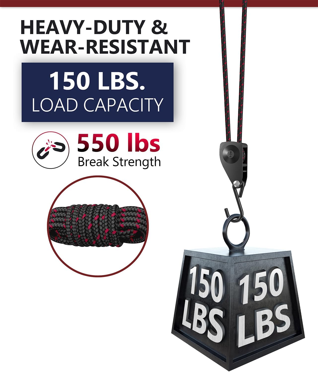 VIPARSPECTRA Retractable Heavy Duty Ratchet Tie Down Straps [4 Pack, 8ft, 75lbs/Pack], Rope Pulley System Rollers with Carabiner Hook for Kayak/Hanging Plants/Grow Light/Tents Various Tie-Down Uses