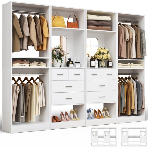 Unikito 100” Closet System with Drawers, 8.3FT Wood Closet Organizer with Hanging Rods and Mirror Design, Reversible Large Walk in Wardrobe Garment Rack with Shelves, Sturdy Closet Tower, White