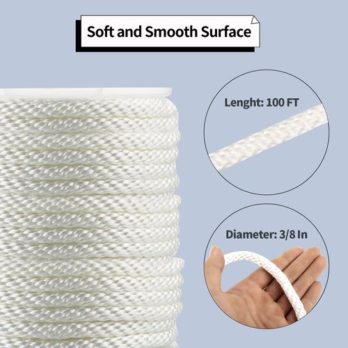 3/8 Inch Nylon Rope 100 Ft Solid Braid High UV and Abrasion Resistance, Multipurpose Tightly Braided Rope, Clothes Line, Flag Line, Marine and Outdoor Twine, Ideal for Indoor and Outdoor Applications