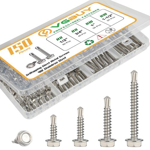 VGBUY 150Pcs Self Drilling Screws Assortment Kit, 410 Stainless Steel Self Tapping Sheet Metal TEK Screws, #8 1/2" 3/4" #10 1" 1-1/2", Hex Washer Head
