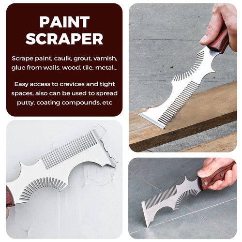 PinStone 8-In-1 Painters Tool - Paint Brush Comb, Paint Roller Cleaner, Stainless Steel Scraper, Putty Knife, Paint Can Opener, Wooden Handle