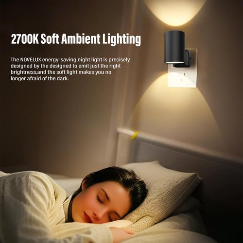 NOVELUX ETL Certified 2700K Night Lights, Modern Night Lights Plug into Wall, Dusk to Dawn Light Sensor Nightlights, Warm White, Adjustable Brightness, Night Light for Kids,Hallway,Stairway, 2 Pack