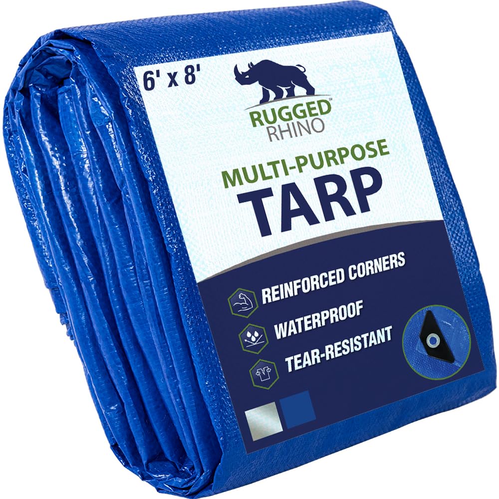 RUGGED RHINO Heavy Duty Waterproof Tarp, UV and Tear Resistant Cover with Reinforced Grommets and Corners, Outdoor Multipurpose Tarps for Camping, Patio, Garden, Car & Roof, 5 Mil, 6x8, 1 Pack, Blue