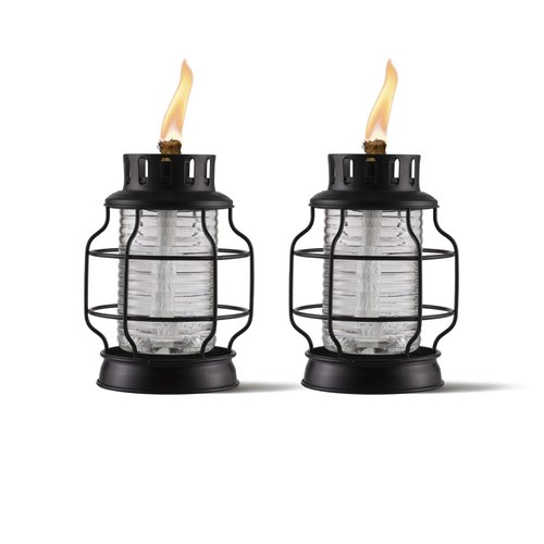 TIKI Tabletop Metal Torch Lanterns, 2-Pack – Stylish Outdoor Tabletop Torches for Patio, Garden & Backyard, Decorative Torch with Fiberglass Wick & Snuffer, Black