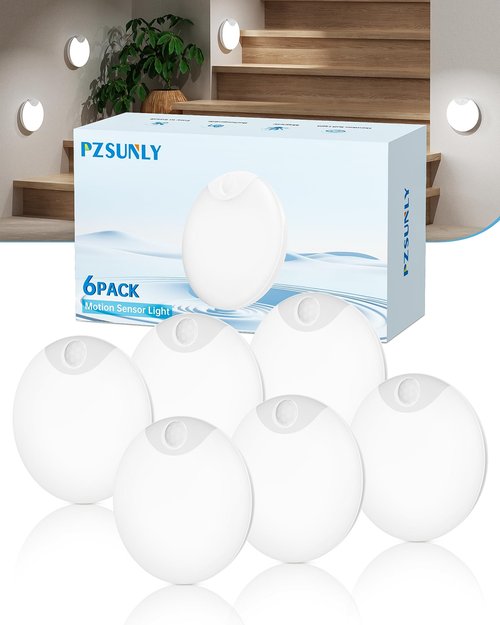PZSUNLY Motion Sensor Night Light,LED Rechargeable Indoor Night Lights,Magnetic Cabinet Light Closet Light for Kitchen Baby Bedroom Bathroom Stairs 6 Pack (White Light)