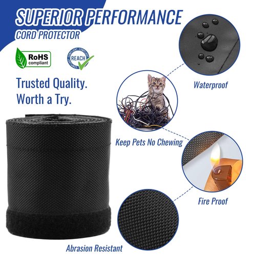 Flauzmann Hook and Loop Cable Sleeve, 3/4" - 6.6FT Dog Cat Cord Protector Waterproof Split Sleeving for USB Computer Office Automotive Audio Cables - Protects Cables from Pets Chewing - Black