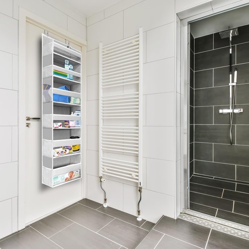 HOMELUX THEORY 1 PC Heavy Duty Over the Door Organizer 55x14x6.7, 6 Large Front & 12 Side Pockets, Hanging Storage Closet Door Organizer for Bedroom, Bathroom and Baby Nursery Storage (Light Gray)