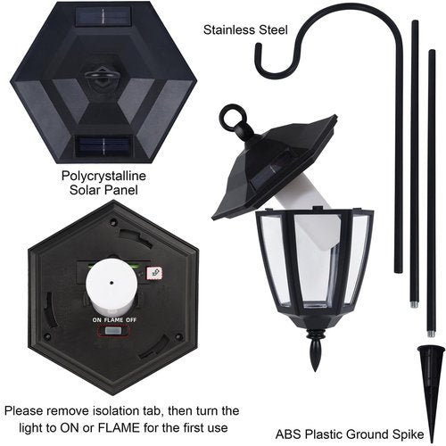 Dynaming 4 Pack Solar Flame Hanging Lights Outdoor, Solar Flickering Flame LED Garden Lanterns with 4 x 38 Inch Shepherd Hooks, Landscape Lighting Waterproof for Lawn Patio Yard Pathway Driveway