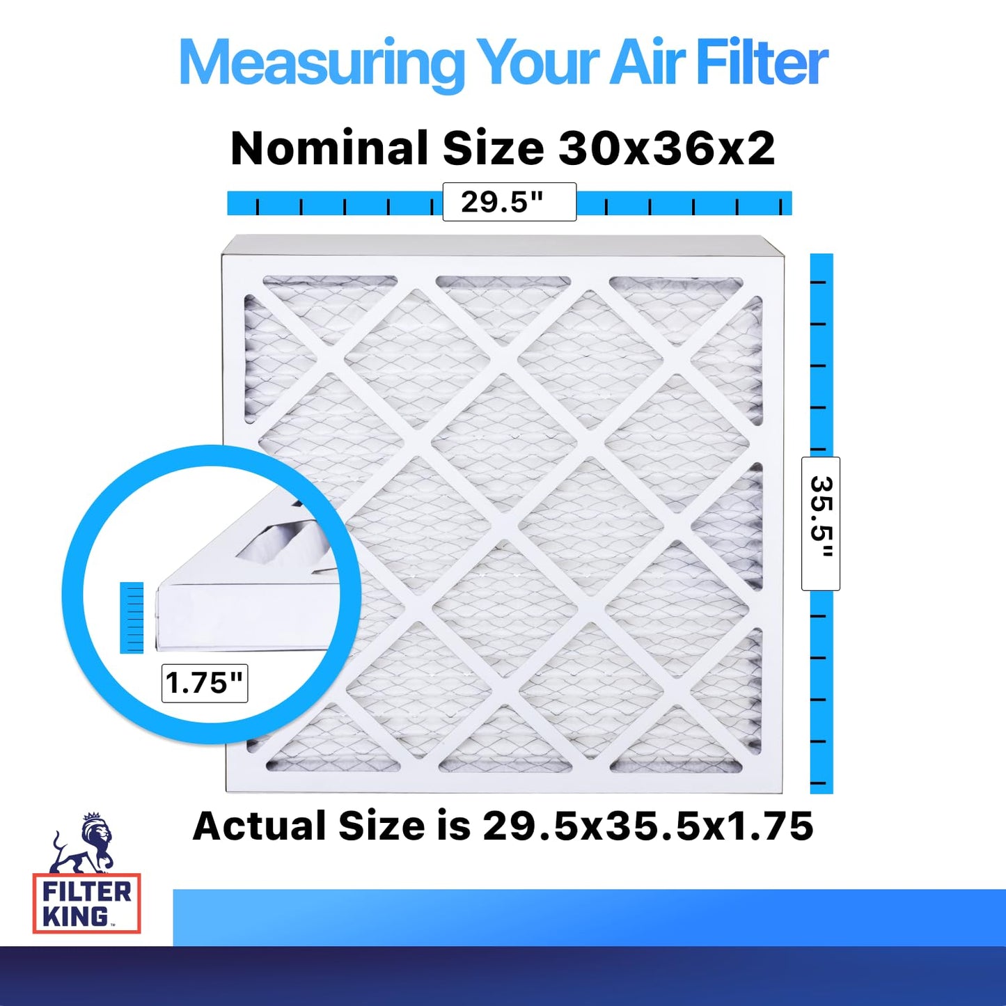 Filter King 30x36x2 Air Filter (MERV 8) (6-Pack) Dust & Allergy Control AC Furnace Filters, MADE IN USA, HVAC, Pleated, Electrostatic (Actual Size: 29.5 x 35.5 x 1.75)