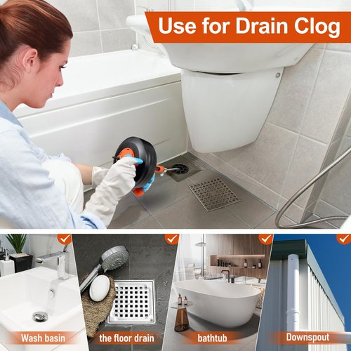 Drain Auger, Plumbing Snake With Drill Adapter, 35ft Heavy Duty Flexible Sink Steel Plumbing Auger Bathroom Hair Clog Removal Tool, Manual Or Powered - No auto retract or feed