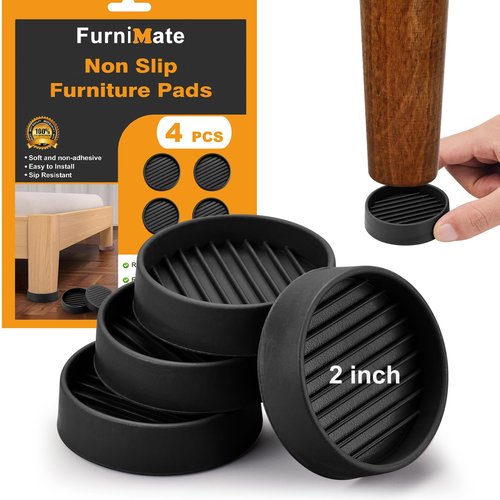 Non Slip Rubber Furniture Pads 2 inch 4PCS, Couch Bed Stoppers to Prevent Sliding, Furniture Coasters, Non Skid Furniture Grippers for Hardwood Floors Black Round