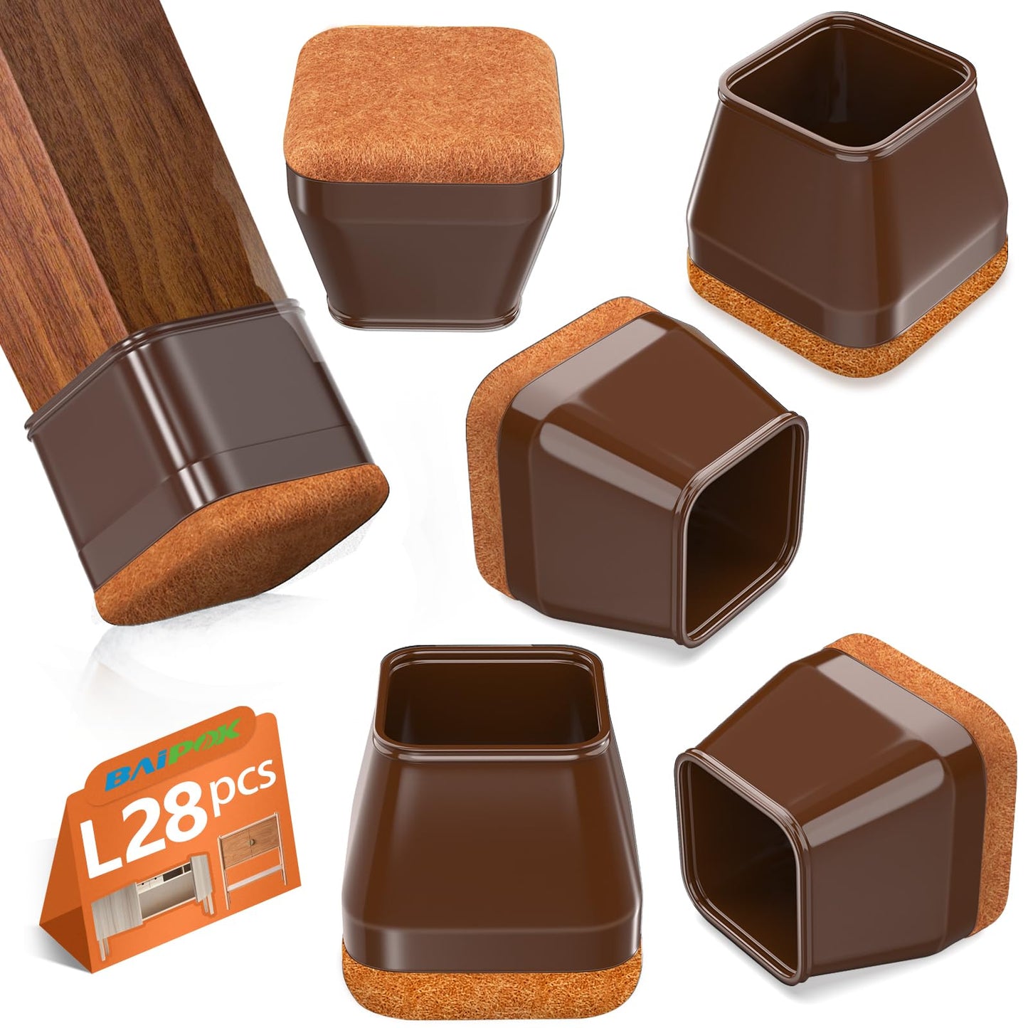 28Pcs Square Chair Leg Floor Protectors with Wrapped Felt Bottom, Silicone Chair Leg Protectors for Hardwood Floors, Chair Legs Cover Prevents Scratches & Reduce Noise (Brown L Fit 1.14"-1.42")