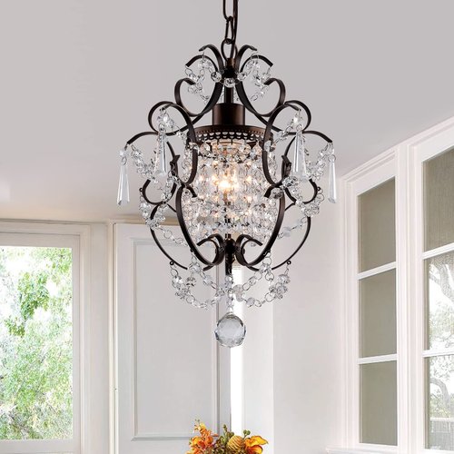 FLSFU Modern Mini Crystal Chandelier,Iron Bronze Crystal Light Fixtures Ceiling Mount 1 Light Small Chandeliers for Bedroom Elegant Hanging Lighting for Girls Room Dining Room Closet Kitchen Island