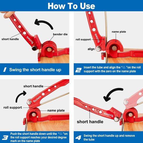 Toolwiz Pipe Bender 3-in-1 Manual Tube Bender for 1/4'' 5/16'' 3/8'' Tubing 0-180 Degrees Heavy Duty Brake Line Bending Tool for Copper Brass and Aluminum Pipes