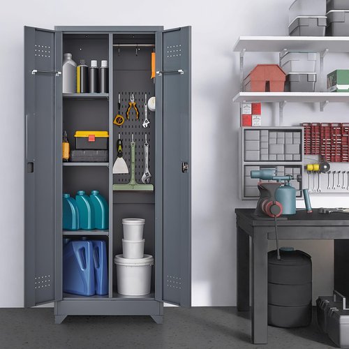 LUCYPAL Metal Broom Storage Cabinet with Shelves and Lock,Broom Closet Storage Cabinet with Hanging Rods for Mops,65" H Cleaning Tool Storage Cabinet for Utility Room,Garage,Laundry Room,Grey